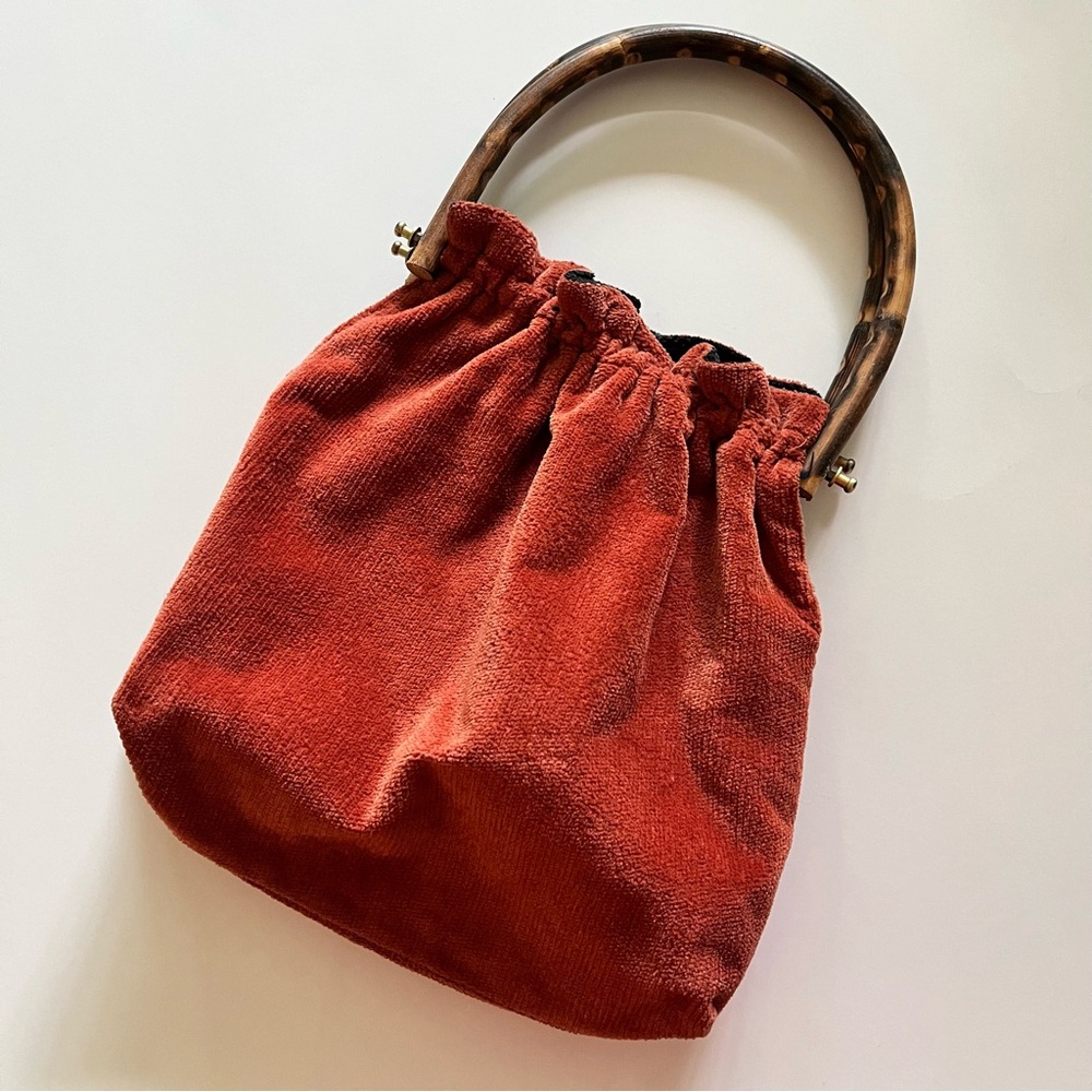 Vintage Corduroy Purse Reversible Handmade Wooden Handles Rust Red/Black V. Chic